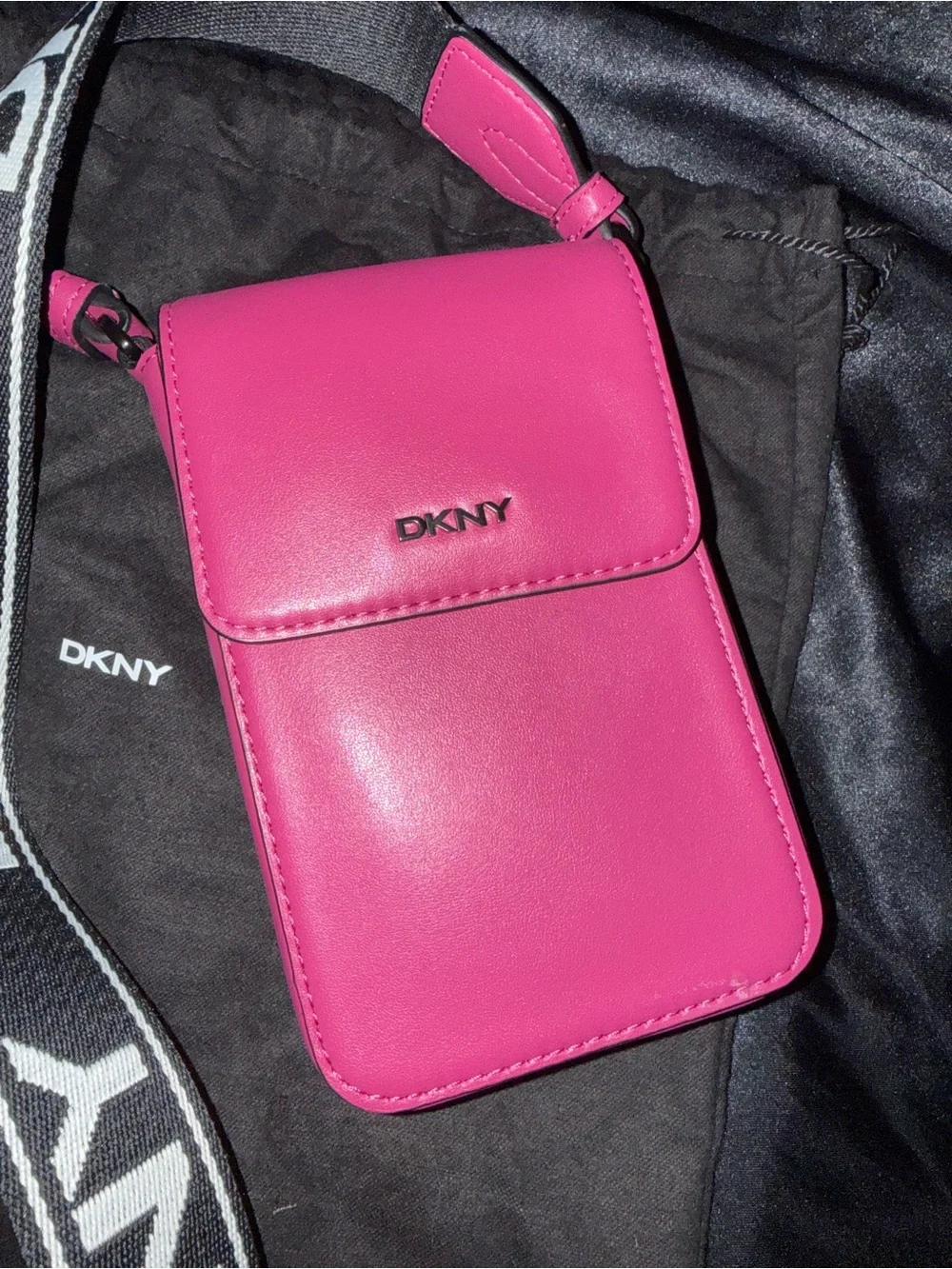 DKNY Hot Pink Crossbody Phone Bag with Branded Black Strap